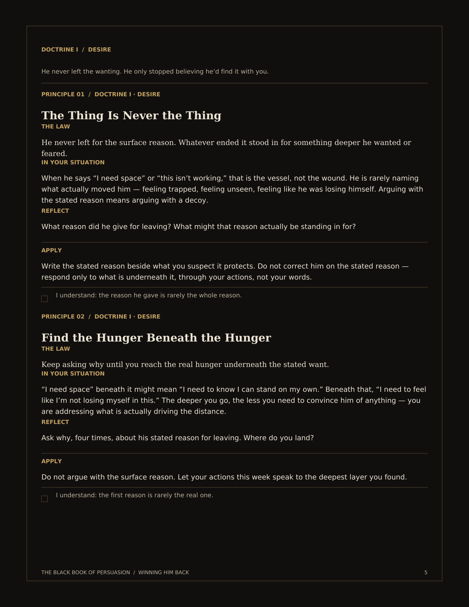 Preview page: Principle 01 — The Thing Is Never the Thing